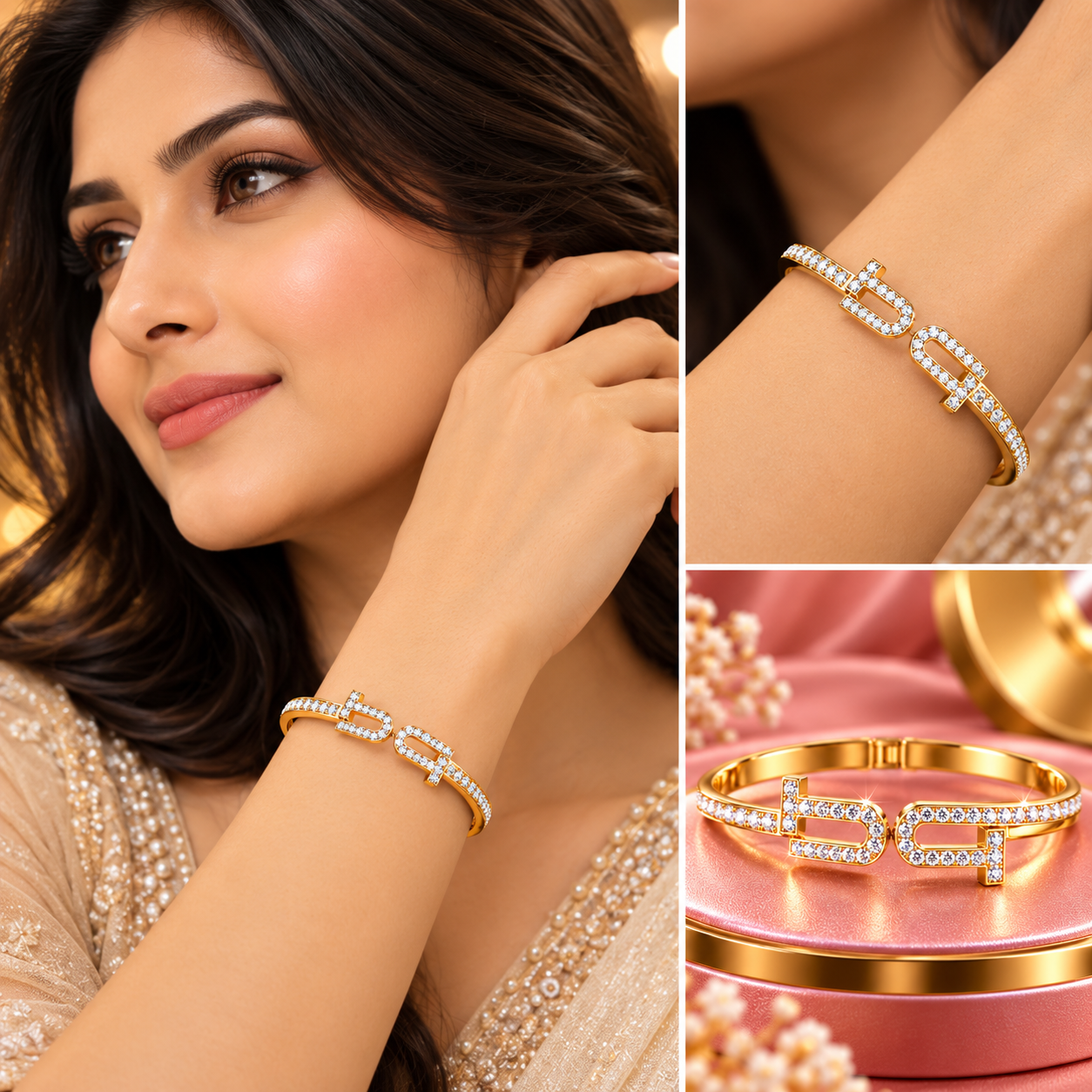 Luxury Dual Interlocking Hook CZ Gold Bangle Bracelet